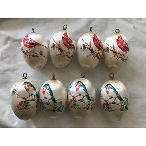 Vtg 8 PYRAMID Satin Sheen CHRISTMAS  ORNAMENTS Egg Shaped BIRDS